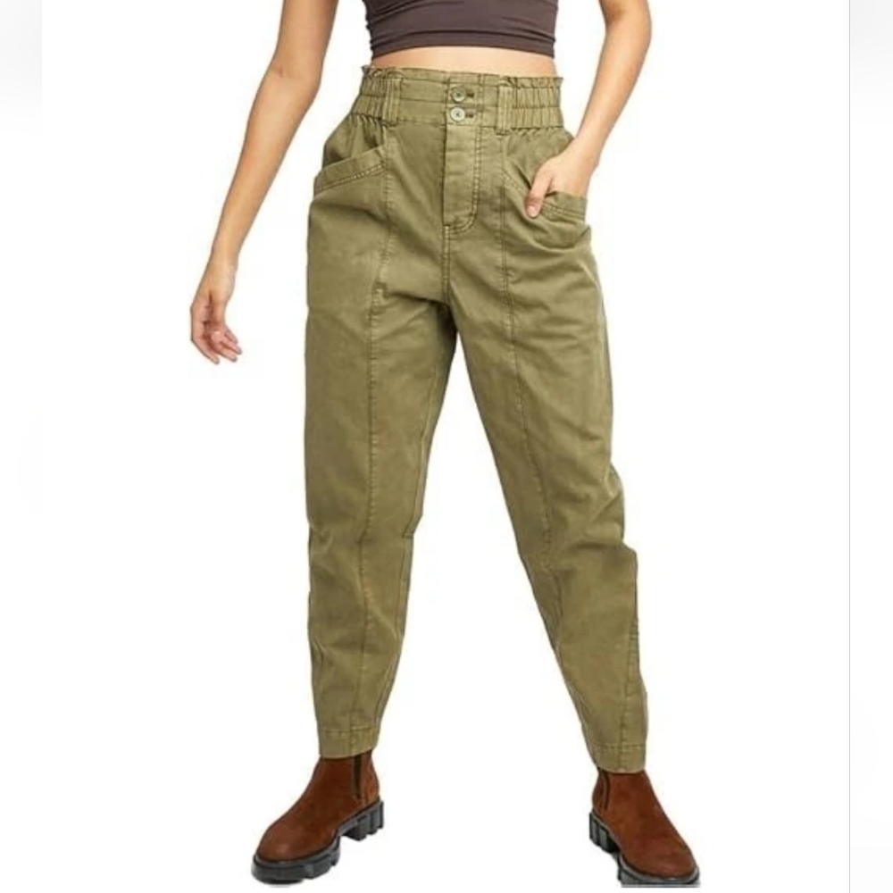 Free People Pants Ready to Run Cinch‎ Waist Cargo Dirty Olive